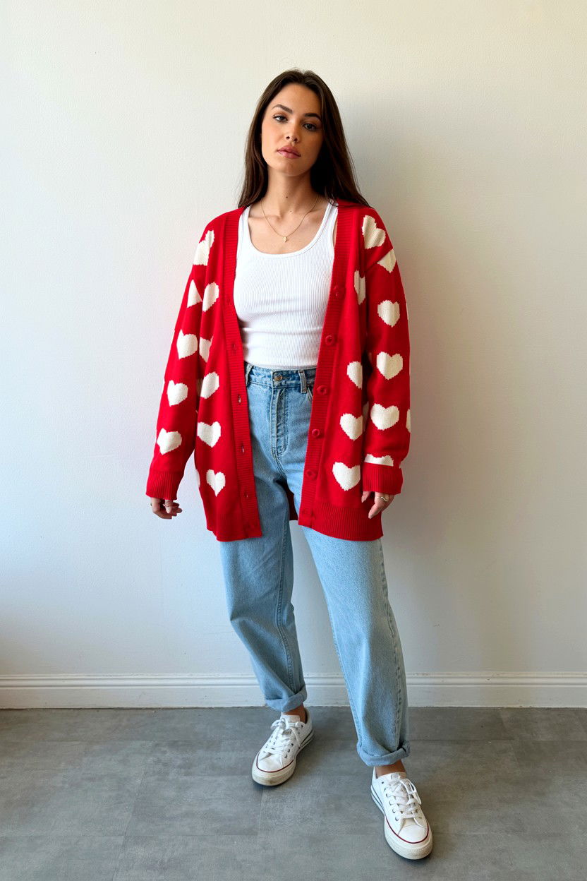 Red heart print cardigan - 25 Valentine's Day Outfits for Teens