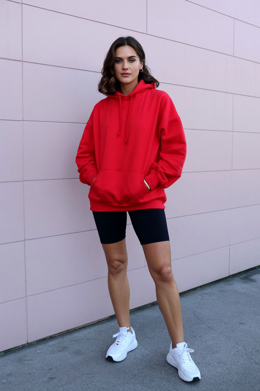 Red hoodie and biker shorts - 25 Valentine's Day Outfits for Teens