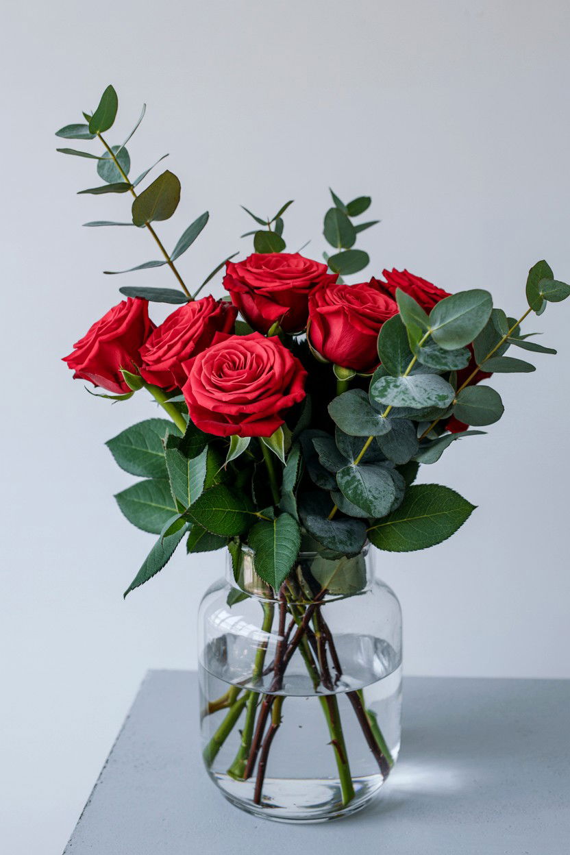 Red rose bouquet in glass vase - 25 Valentine's Day Rose Arrangement Ideas