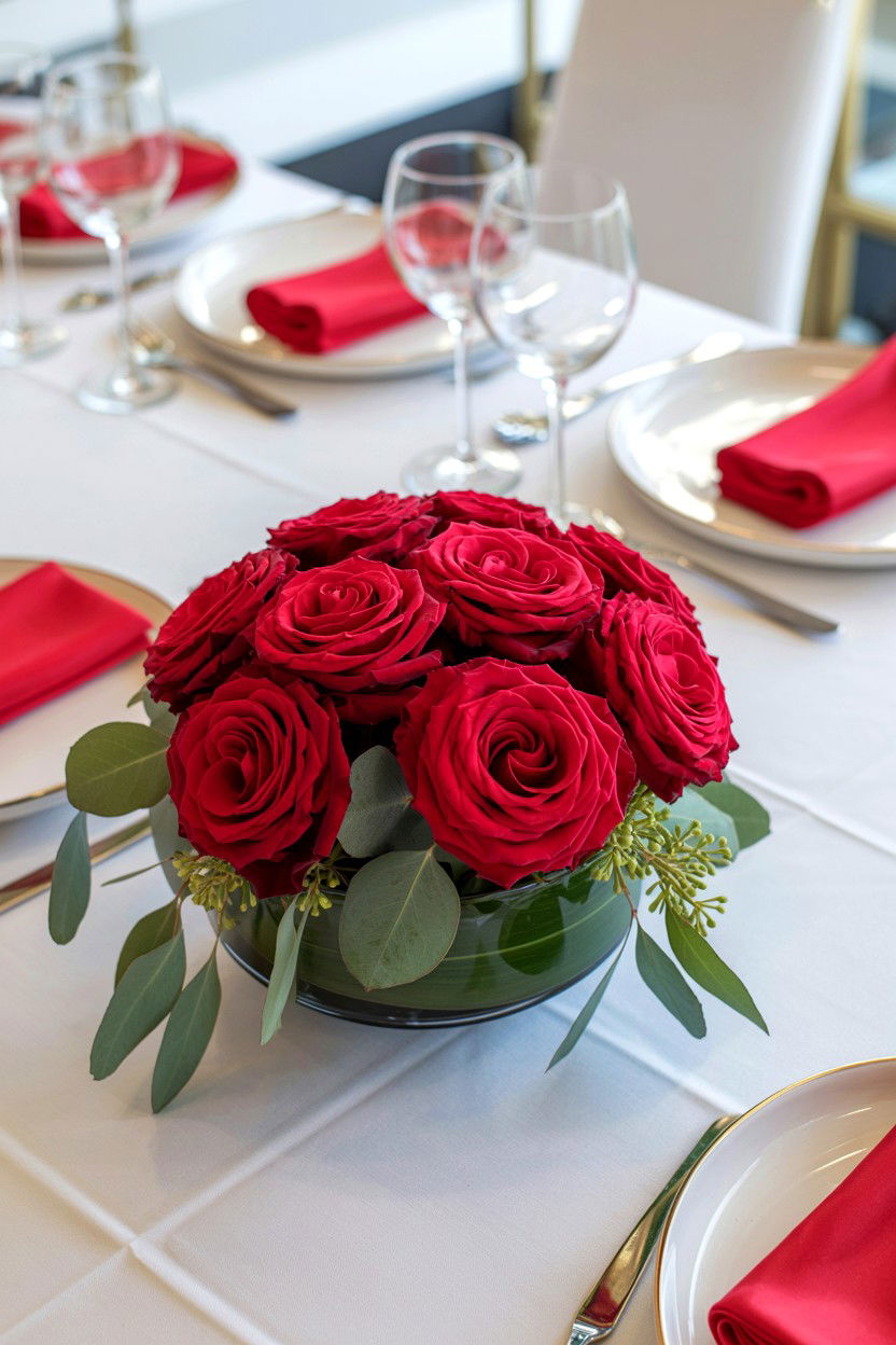 Red rose centerpiece table - 25 Valentine's Day Place Setting Ideas