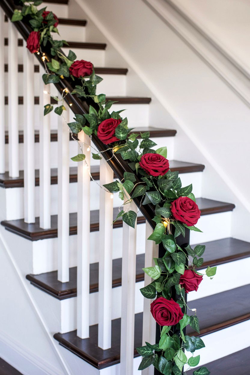 Red rose garland for banister - 25 Valentine's Day Staircase Decor Ideas