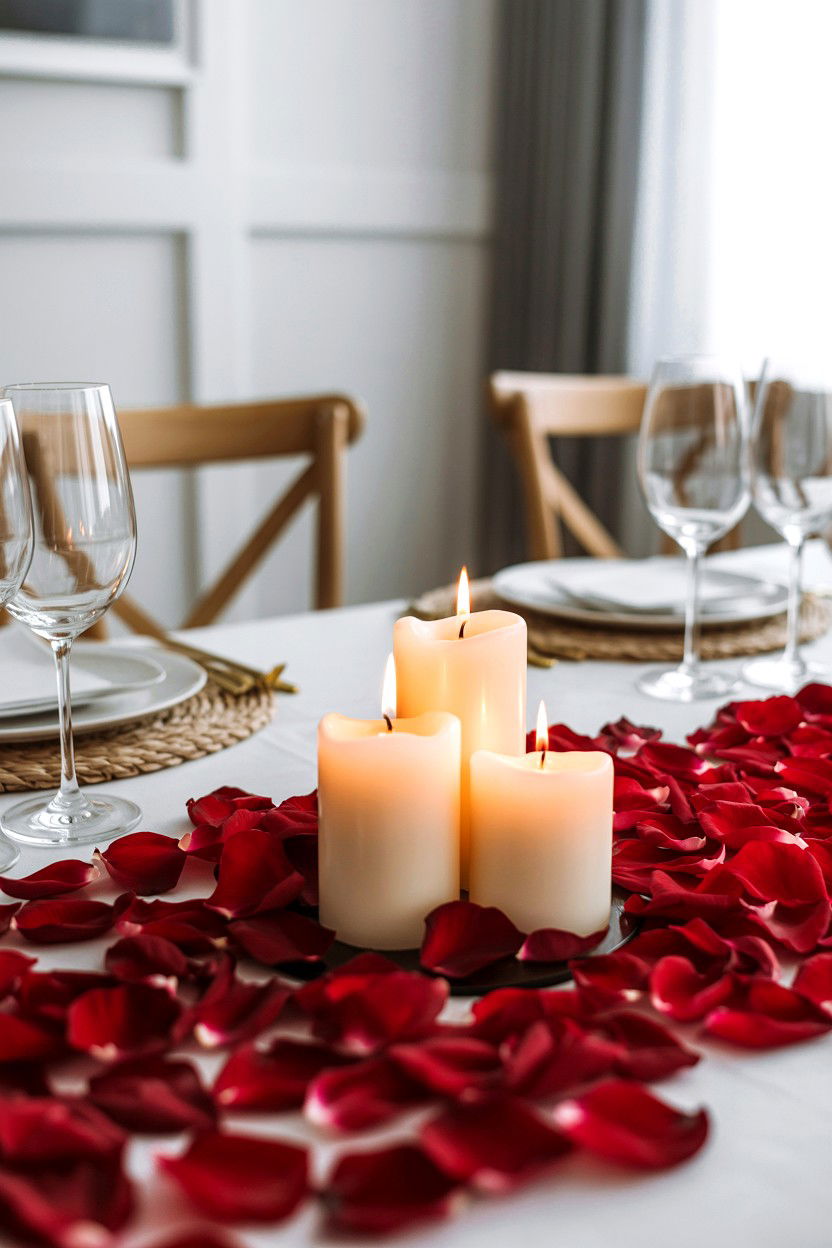 Red rose petals decor - 25 Valentine's Day Dining Room Decor Ideas