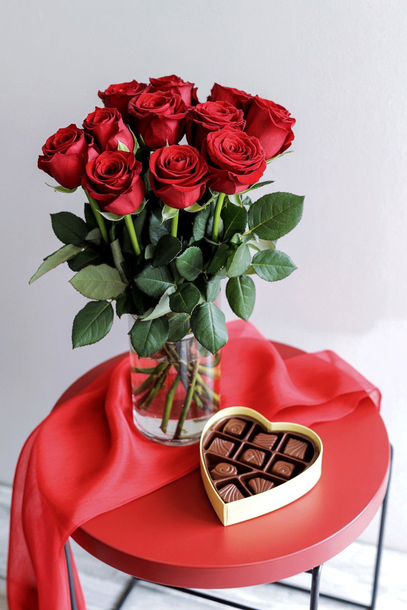 Red roses with chocolate box - 25 Valentine's Day Rose Arrangement Ideas