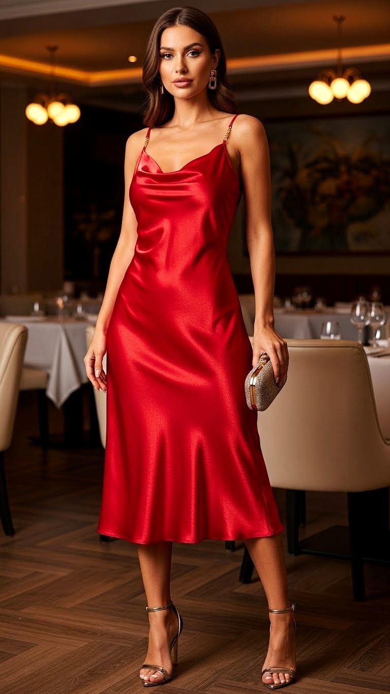 Red satin slip dress - 25 valentine's day outfit ideas for women