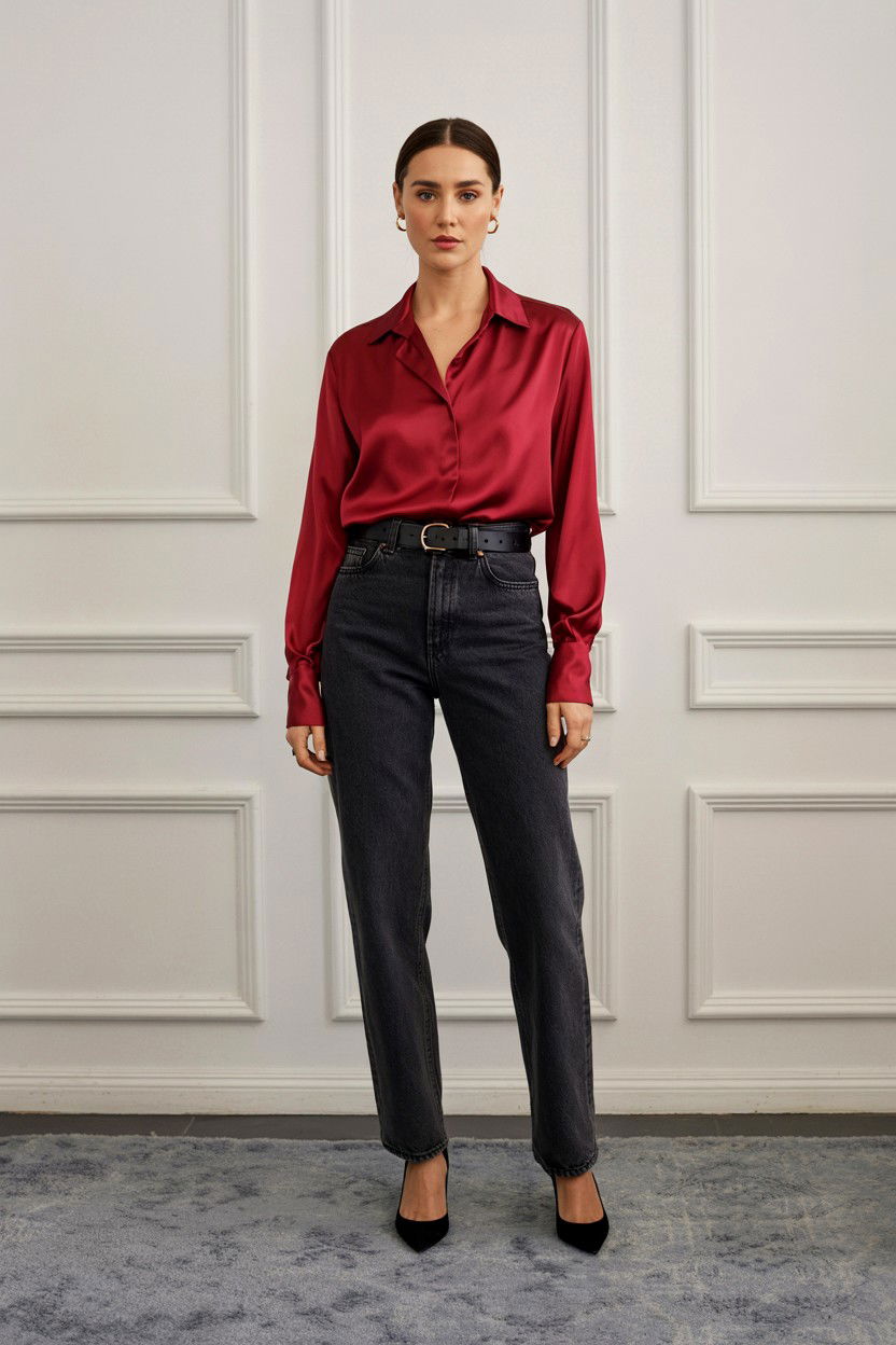 Red silk blouse with dark denim - 25 Valentine's Day Quiet Luxury Outfits