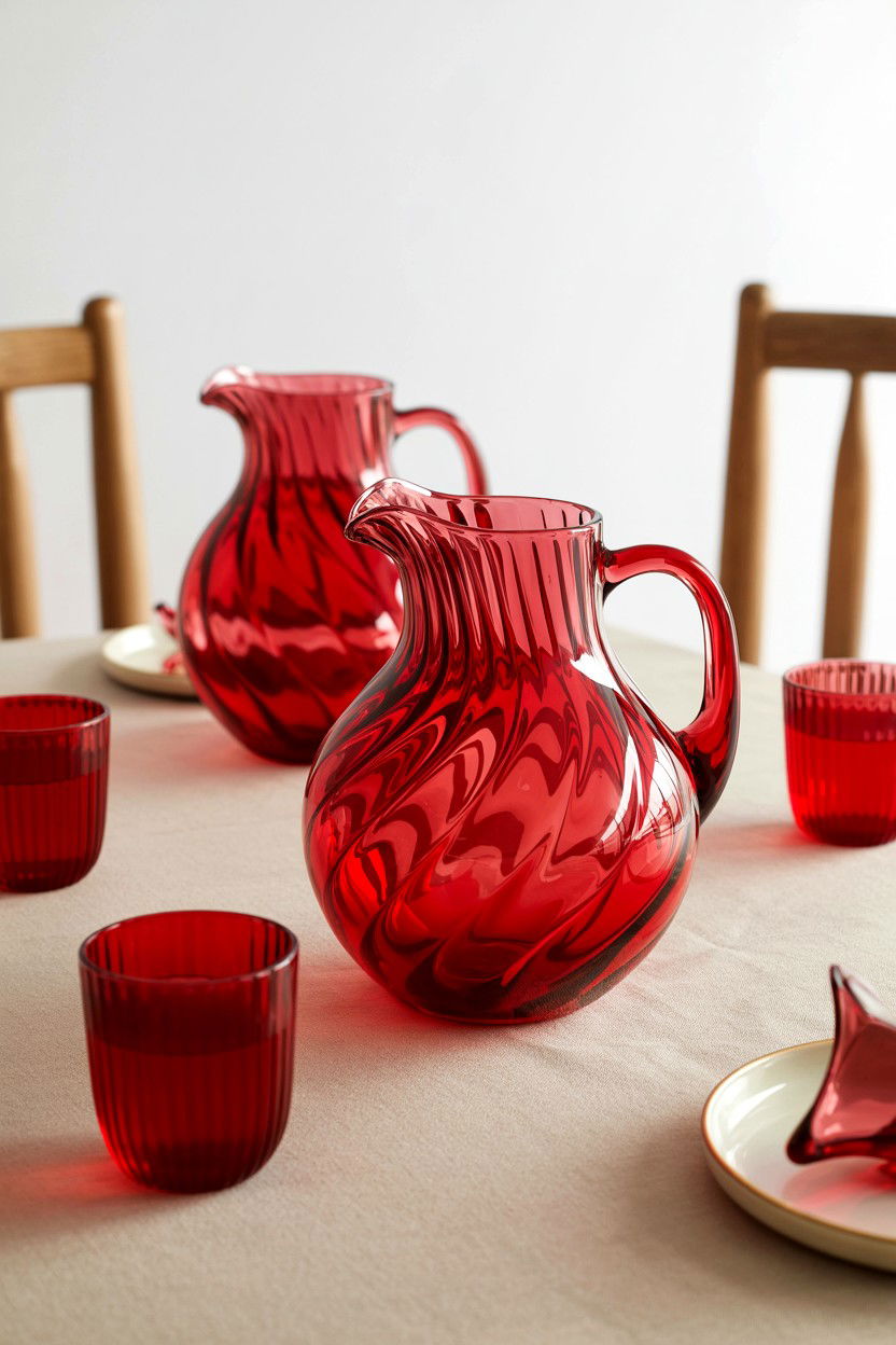 Red swirl glass pitchers - 25 Valentine's Day Glassware Ideas