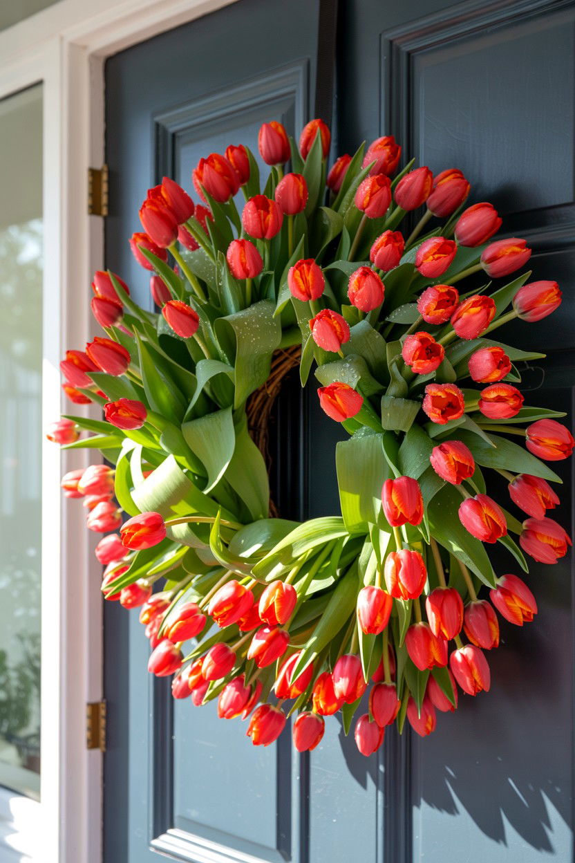 Red tulip front door wreath - 25 Flower Valentine's Day Wreath Ideas