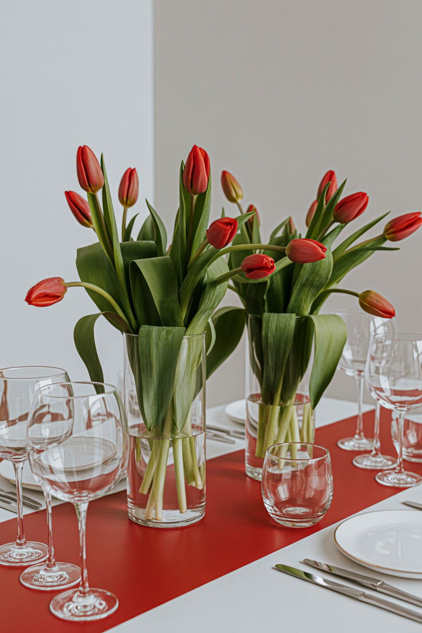 Red tulip table arrangement - 25 Valentine's Day Place Setting Ideas