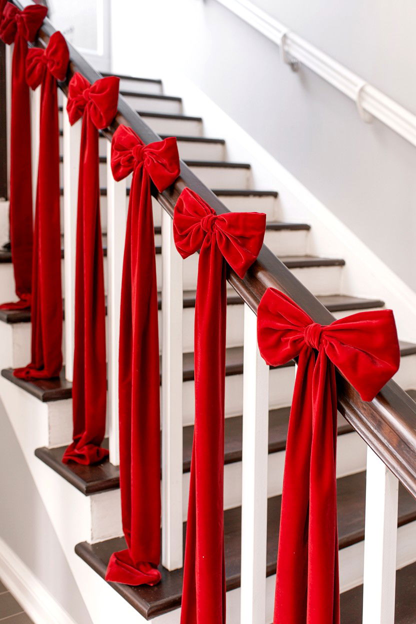 Red velvet bows for stairs - 25 Valentine's Day Staircase Decor Ideas