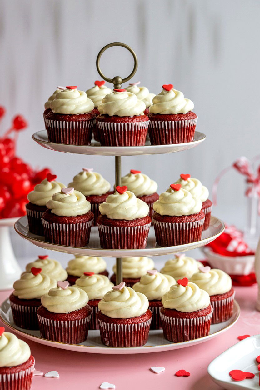 Red velvet cupcake display - 25 Valentine's Day Dessert Table Ideas