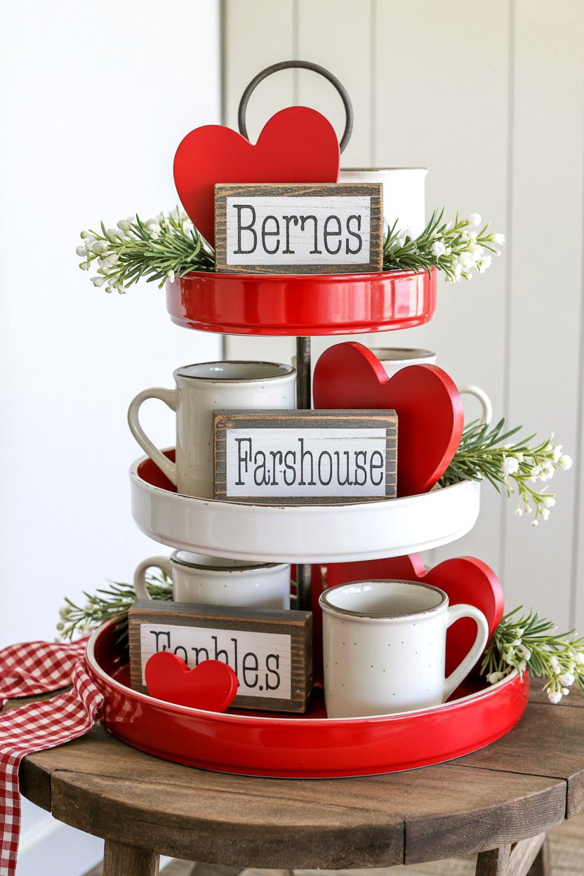 Red white farmhouse tiered tray - 25 Valentine's Day Kitchen Tiered Tray Ideas