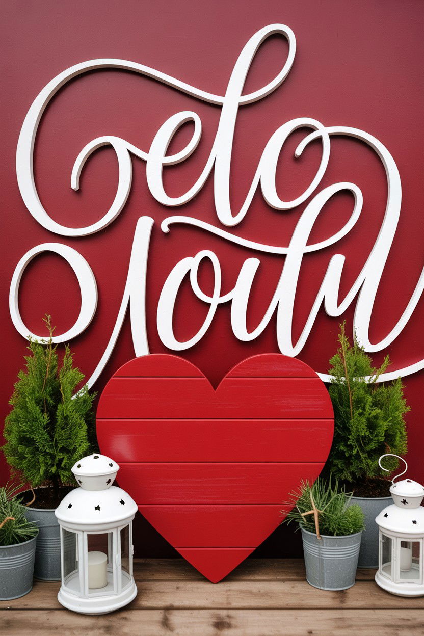 Red wooden heart sign - 25 Valentine's Day Welcome Sign Ideas