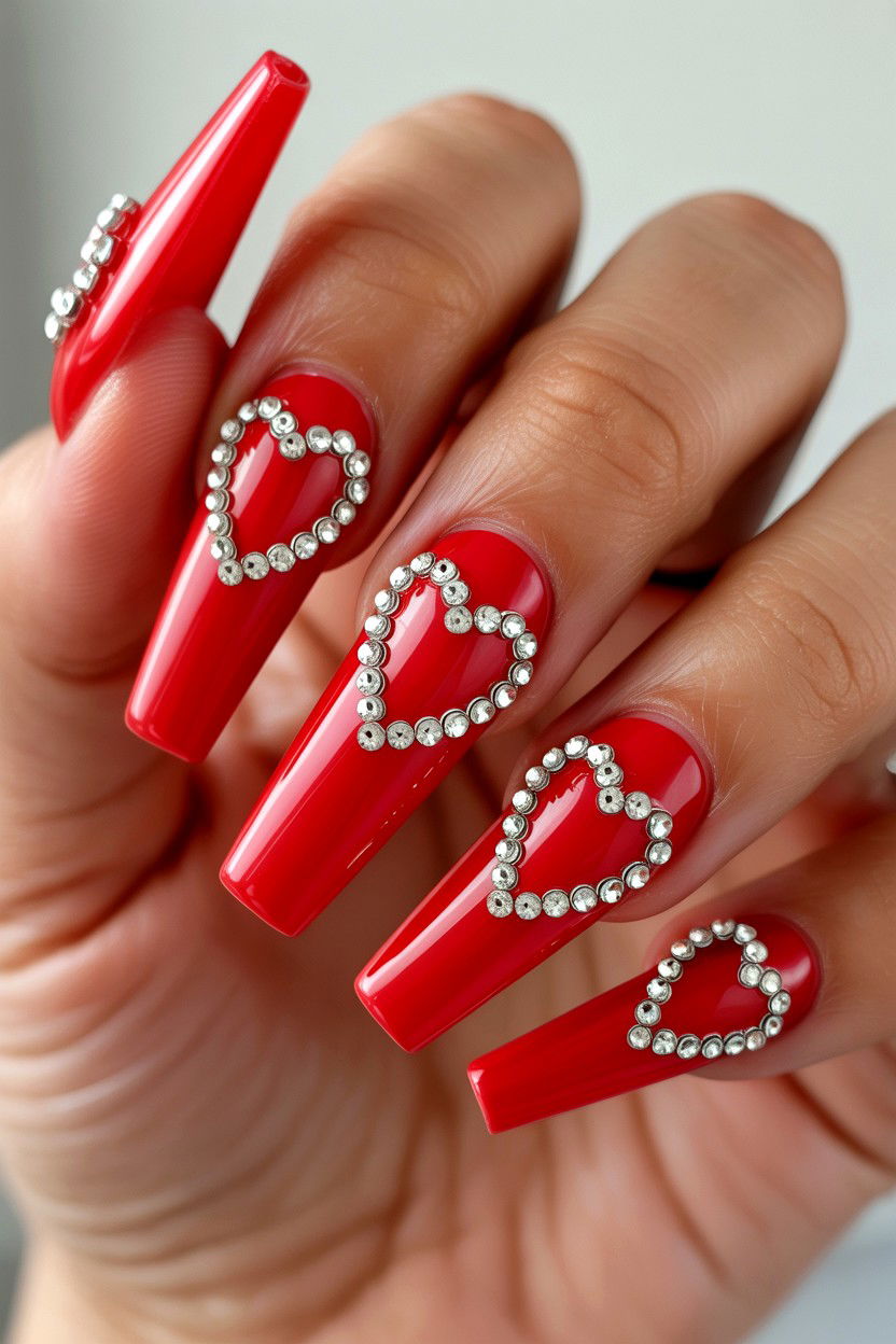 Rhinestone Heart Coffin - 25 Valentine's Day Coffin Nail Ideas
