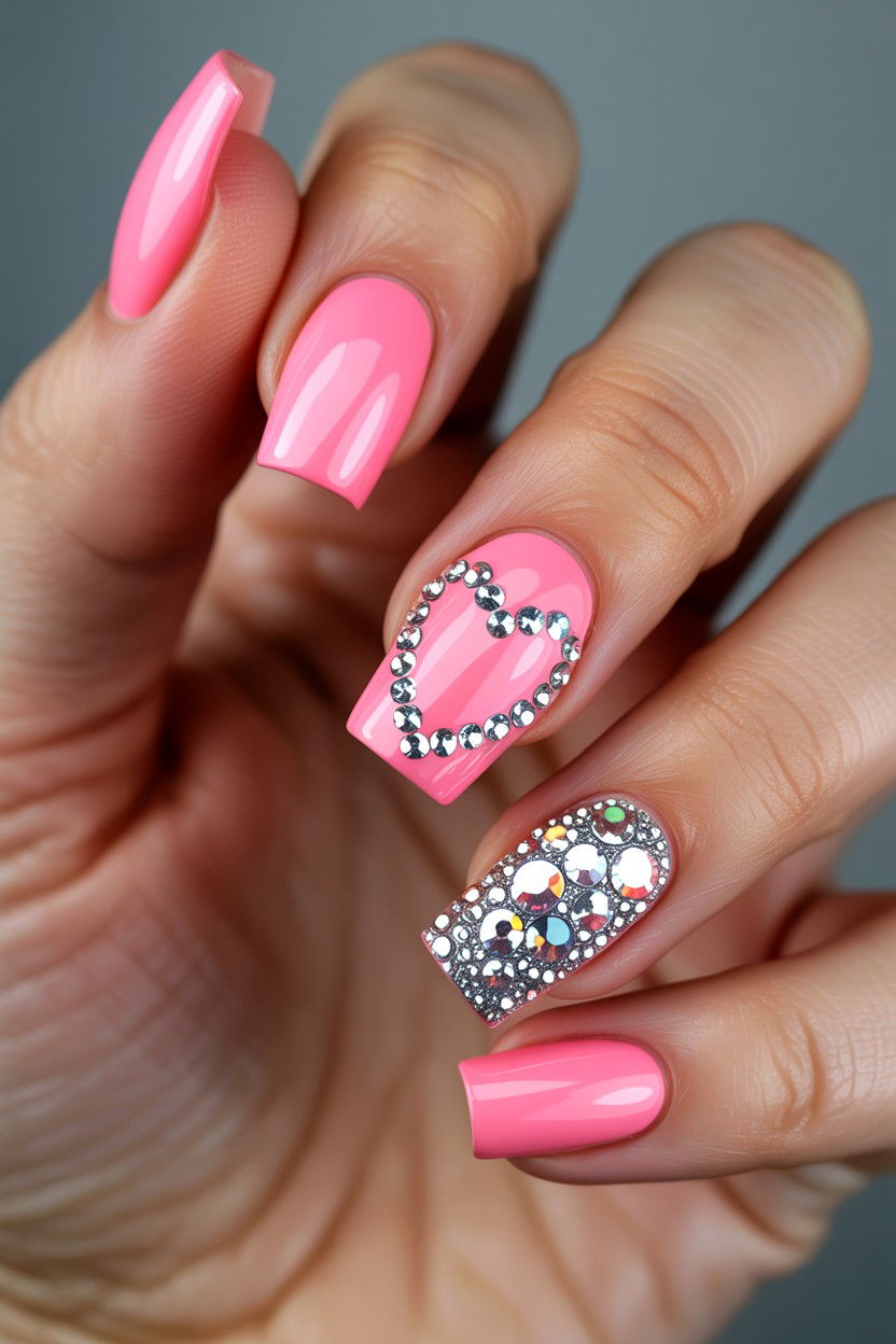 Rhinestone Heart Nails - 25 Valentine's Day Nail Art Ideas