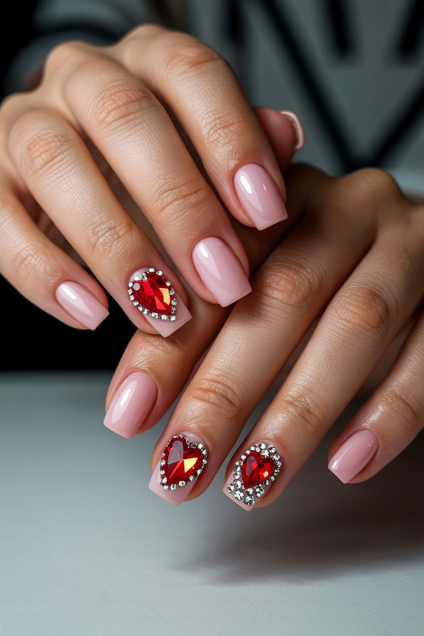 Rhinestone Valentine Square Nails - 25 Valentine's Day Square Nail Ideas
