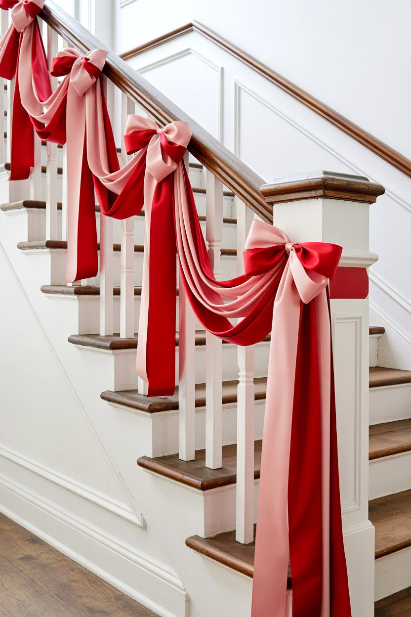 Ribbon Staircase Banister - 25 Valentine's Day Ribbon Ideas