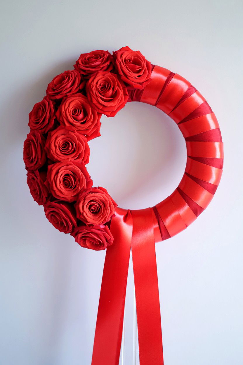 Ribbon Wrapped Rose Wreath - 25 Rose Valentine's Day Wreath Ideas