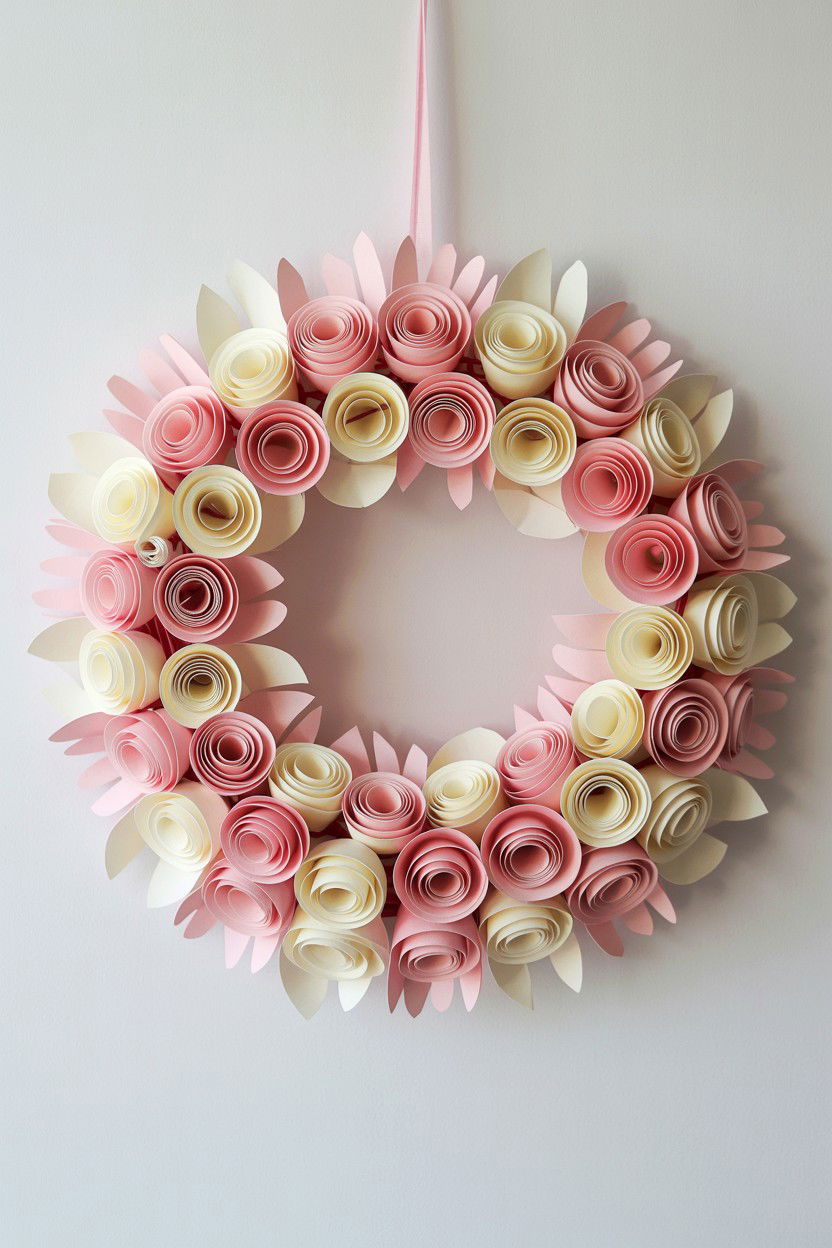 Rolled Paper Rose Wreath - 25 Paper Valentine's Day Wreath Ideas