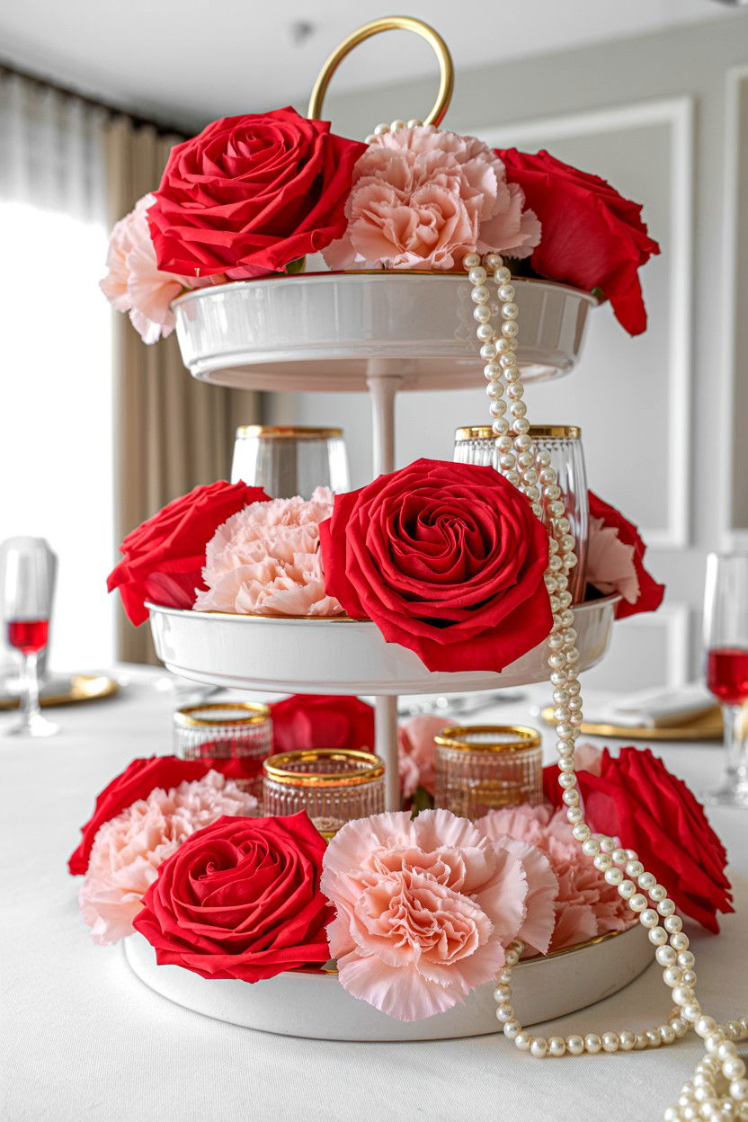 Romantic Floral Tiered Tray - 25 Cute Valentine's Day Tiered Tray Ideas