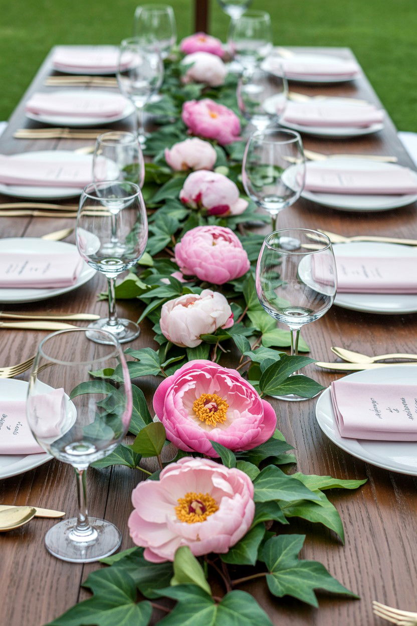 Romantic Peony Table Runner - 25 Valentine's Day Peony Arrangement Ideas