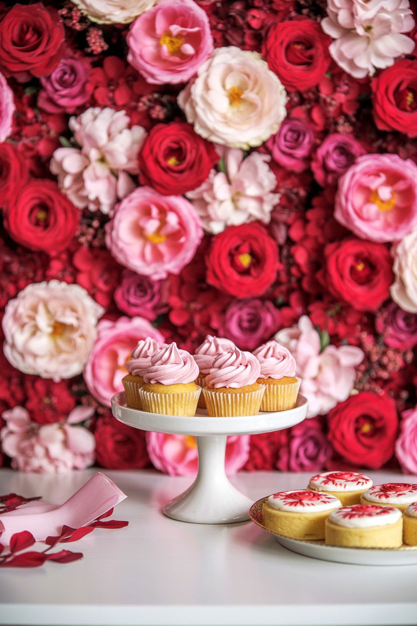 Romantic floral dessert backdrop - 25 Valentine's Day Dessert Table Ideas