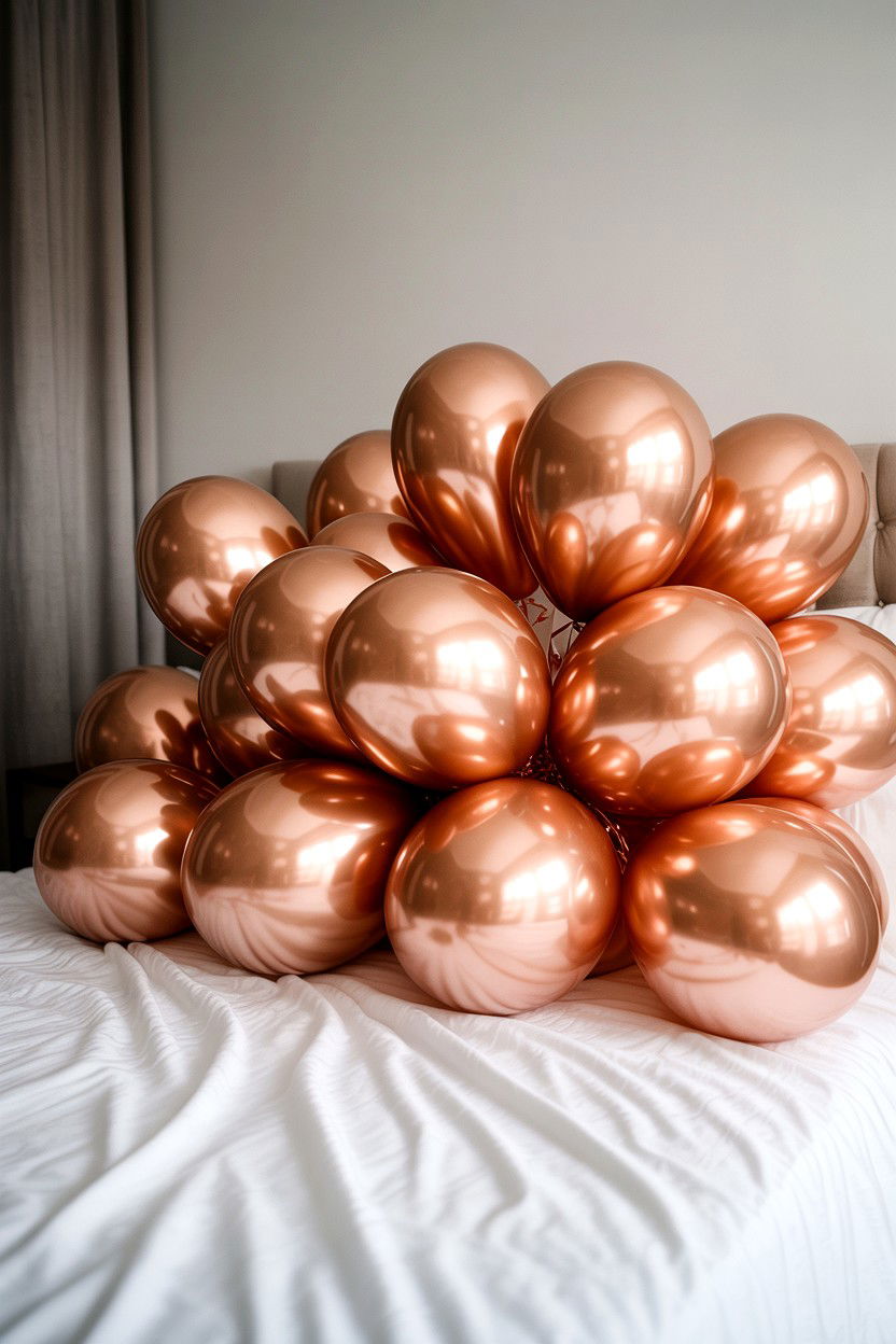 Rose Gold Balloon Bed Surprise - 25 Valentine's Day Rose Gold Balloon Ideas