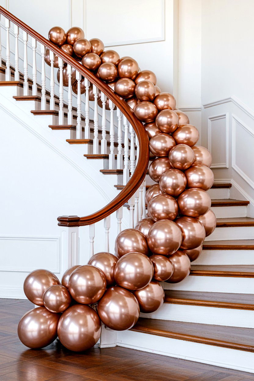 Rose Gold Balloon Stairs Decoration - 25 Valentine's Day Rose Gold Balloon Ideas