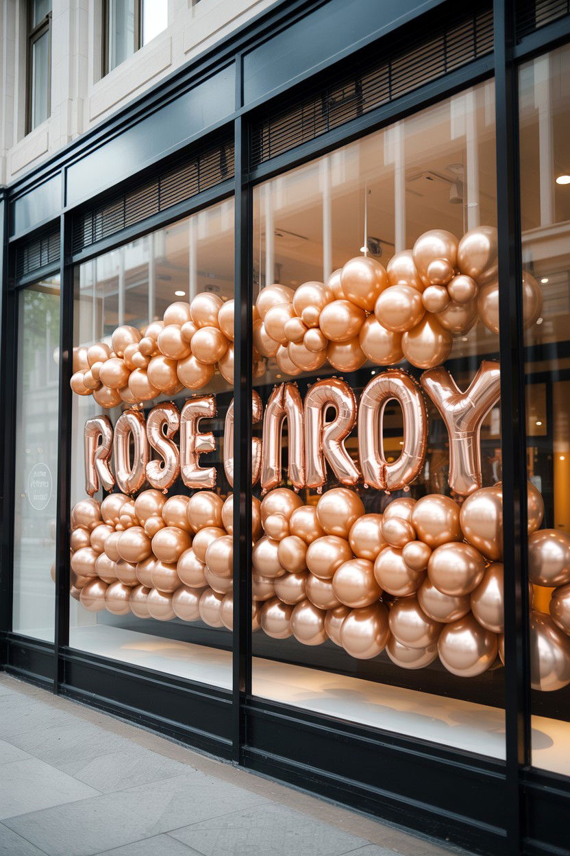 Rose Gold Balloon Window Display - 25 Valentine's Day Rose Gold Balloon Ideas