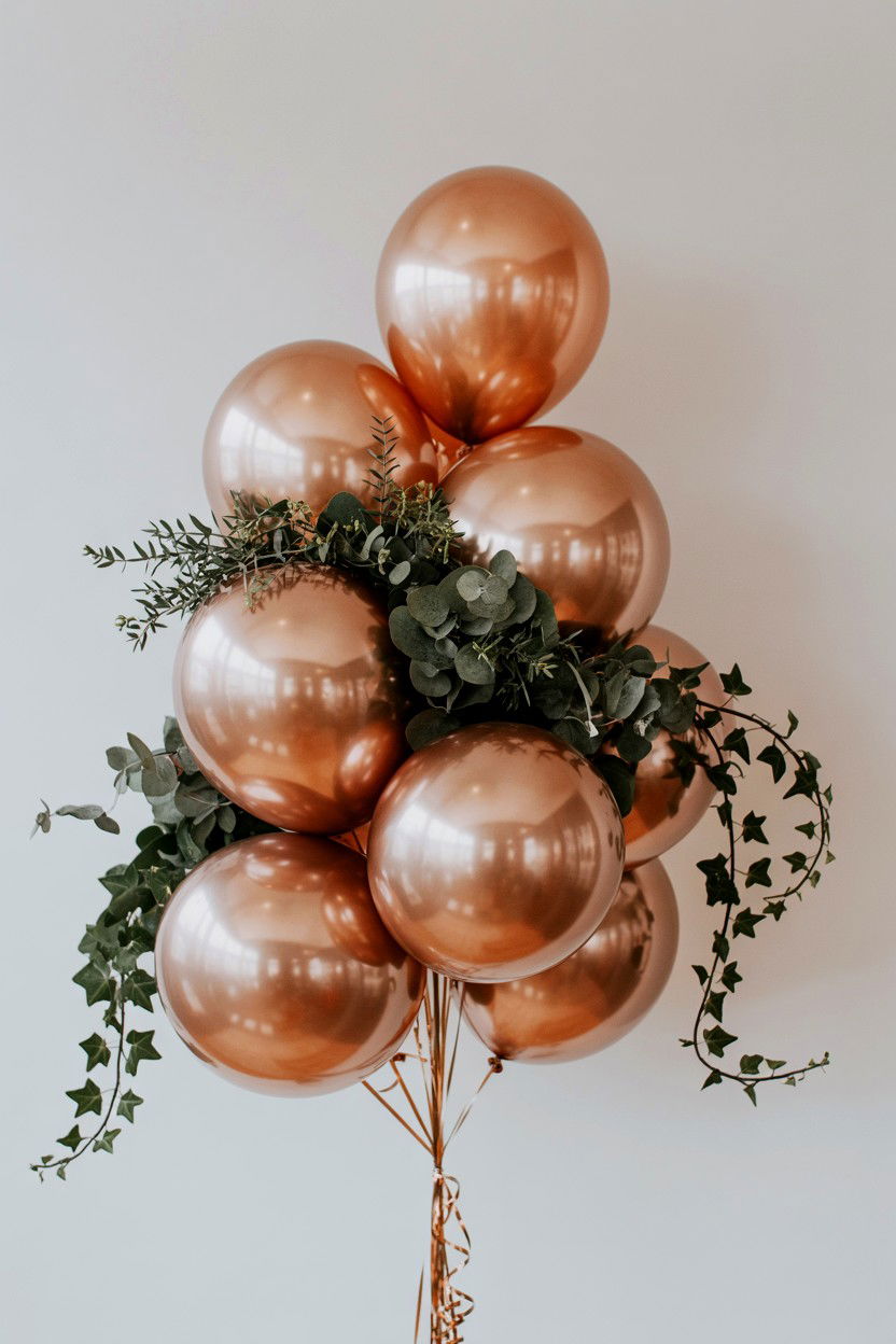 Rose Gold Balloon and Greenery Arrangement - 25 Valentine's Day Rose Gold Balloon Ideas