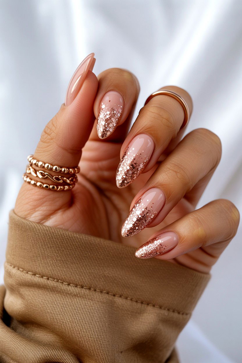 Rose Gold Glitter Nails - 25 Valentine's Day Almond Nail Ideas