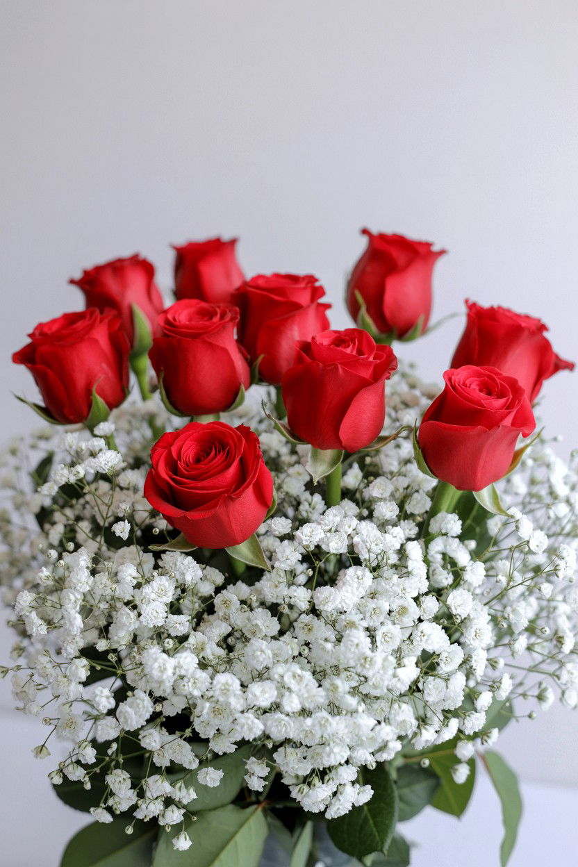 Rose and babys breath bouquet - 25 Valentine's Day Rose Arrangement Ideas