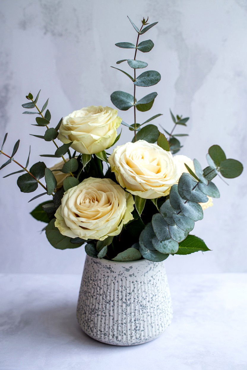 Rose and eucalyptus arrangement - 25 Valentine's Day Rose Arrangement Ideas