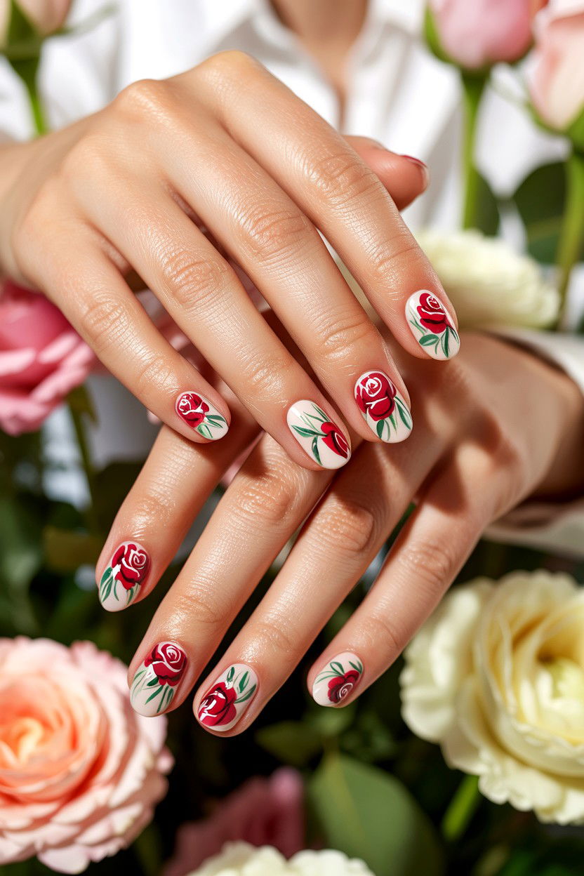Rose floral nails - 25 Cute Valentine's Day Nail Designs