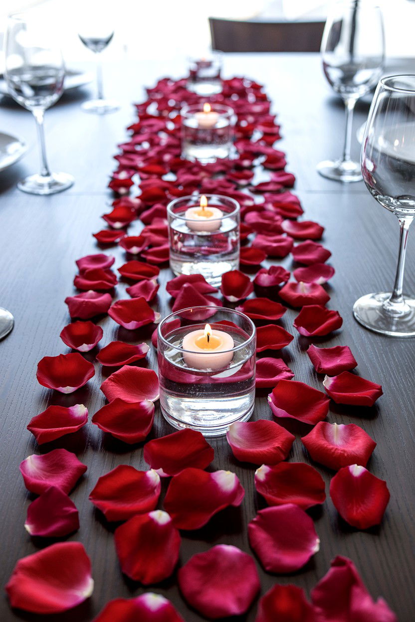 Rose petals on dining table - 25 Valentine's Day Rose Arrangement Ideas