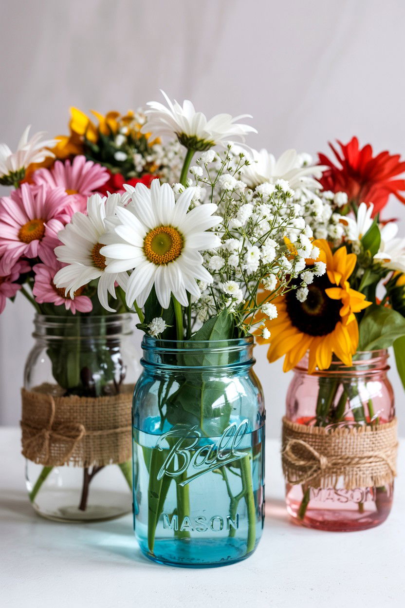 Rustic Mason Jar Flowers - 25 Valentine's Day Flower Display Ideas