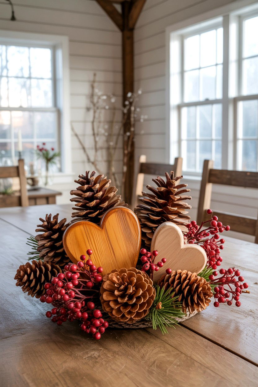 Rustic Pine Cone and Heart Decor - 25 Farmhouse Valentine's Day Table Ideas