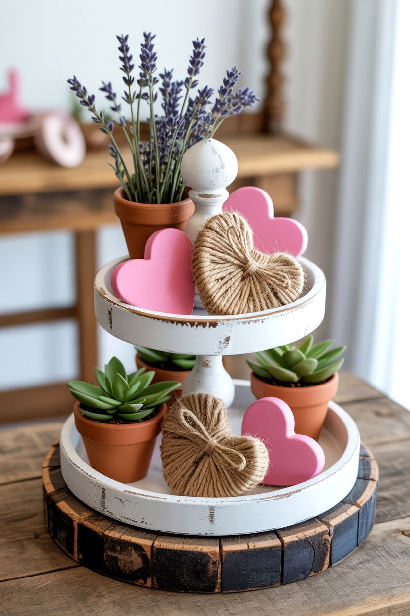 Rustic Valentine Tiered Tray - 25 Neutral Valentine's Day Tiered Tray Ideas