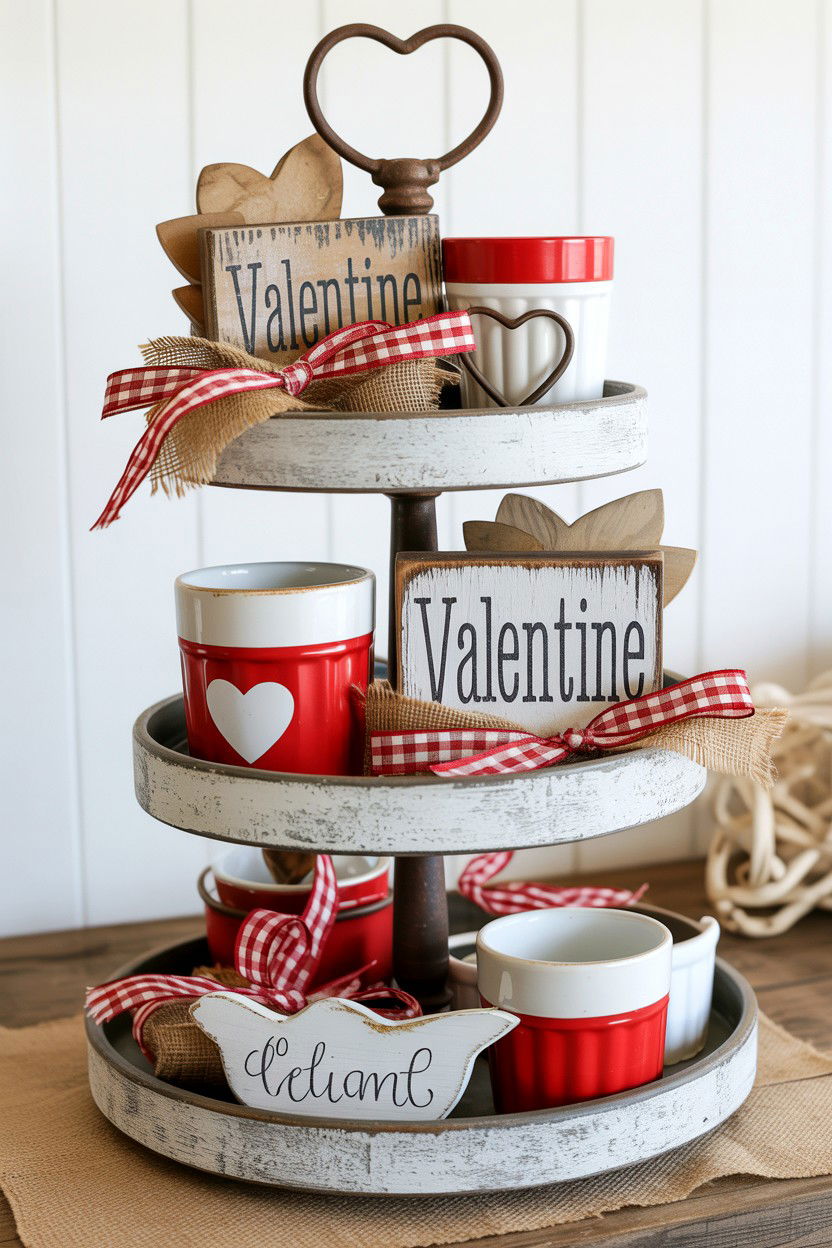 Rustic Valentine tiered tray - 25 Modern Valentine's Day Tiered Tray Ideas