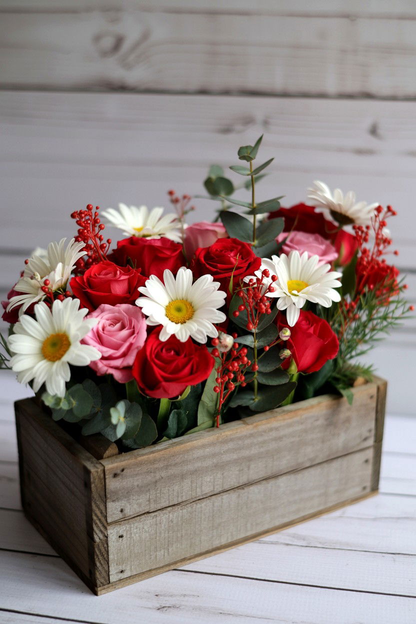 Rustic Wood Box Flowers - 25 Valentine's Day Flower Centerpiece Ideas