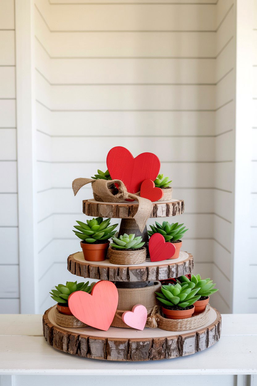 Rustic Wood Slices - 25 Farmhouse Valentine's Day Tiered Tray Ideas