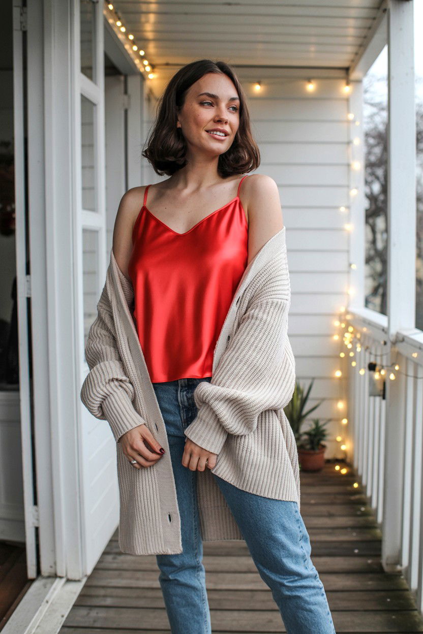 Satin Camisole With Cardigan - 25 Casual Valentine's Day Outfits