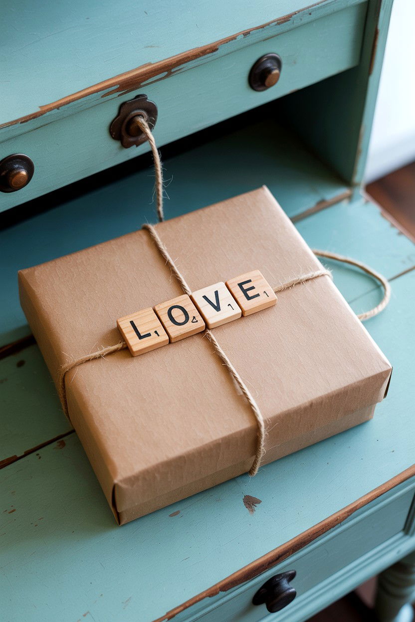 Scrabble Tile Letter - 25 Valentine's Day Kraft Paper Wrap Ideas