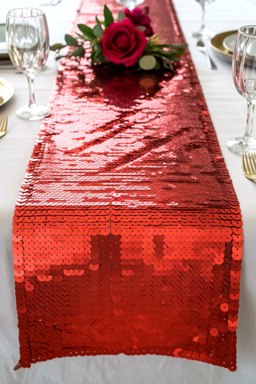 Sequin Red Table Runner - 25 Valentine's Day Table Runner Ideas
