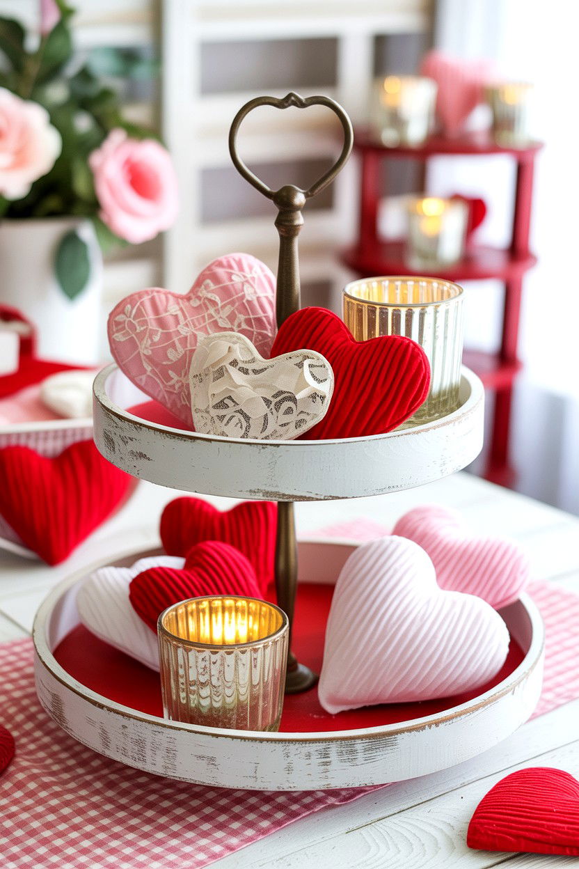 Shabby Chic Valentine Tiered Tray - 25 Valentine's Day Coffee Bar Tiered Tray Ideas