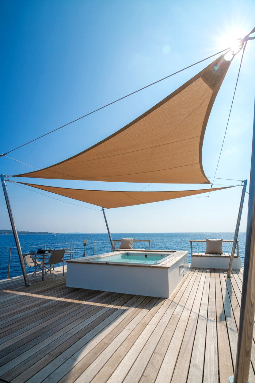Shade sail over the hot tub - 30 backyard hot tub ideas