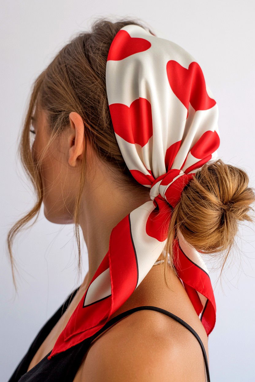 Side Messy Bun With Silk Scarf - 25 Valentine's Day Messy Bun Ideas