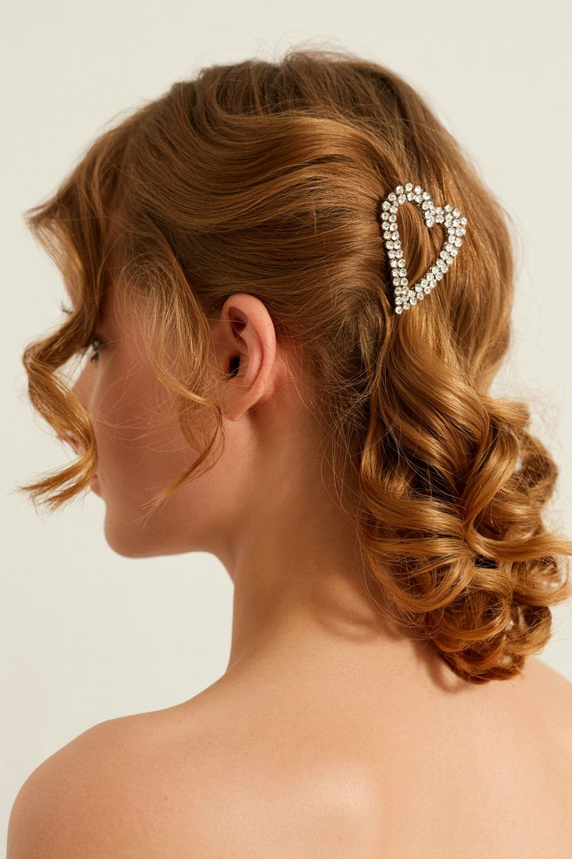 Side swept curls with decorative clip - 25 Valentine's Day Curly Hair Ideas