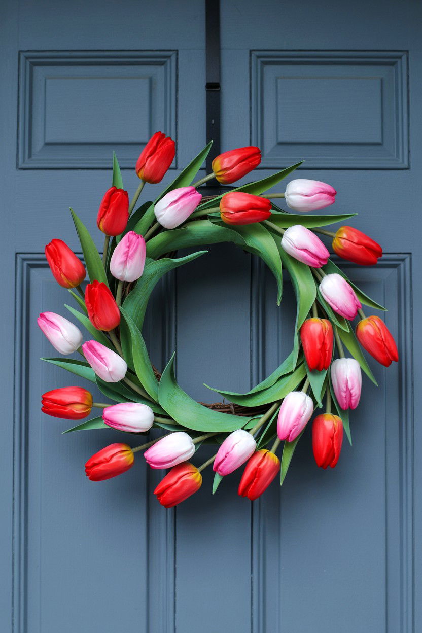 Silk Tulip Wreath For Outdoors - 25 Tulip Valentine's Day Wreath Ideas