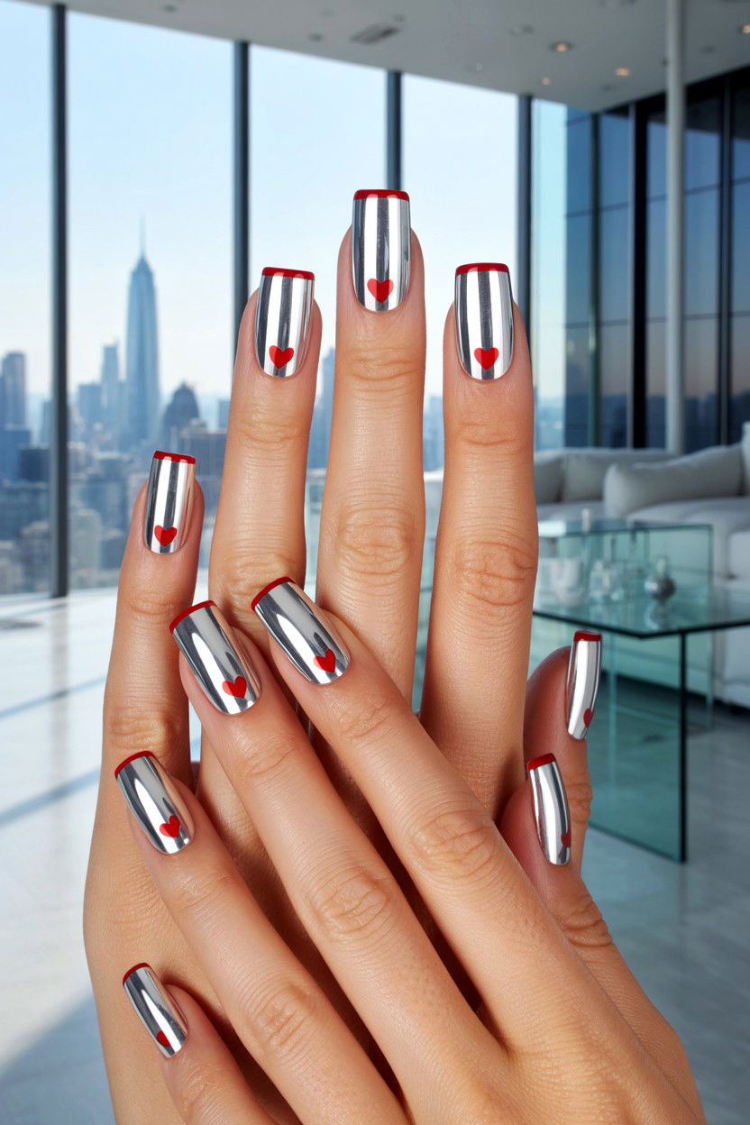 Silver French Tip Heart - 25 French Tip Valentine's Day Nails