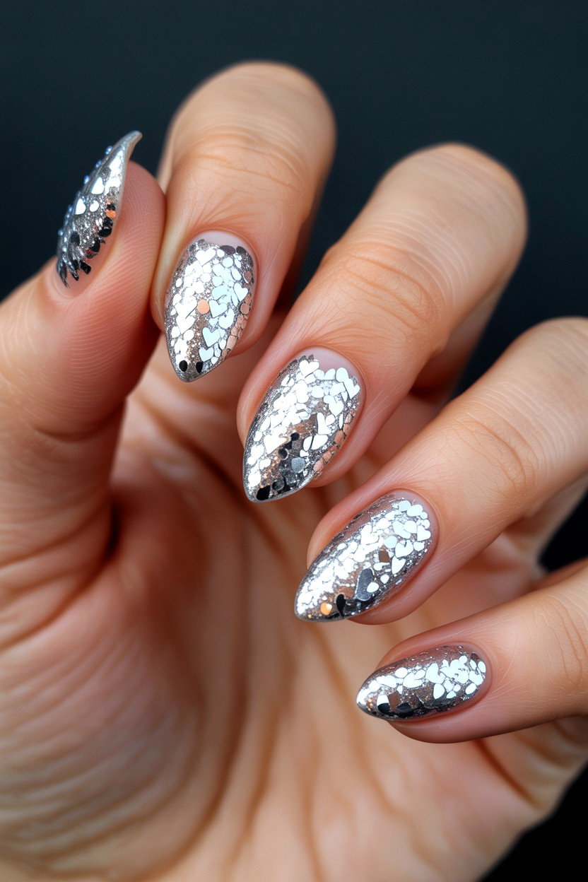 Silver Glitter Heart Nails - 25 Heart Nail Design Ideas
